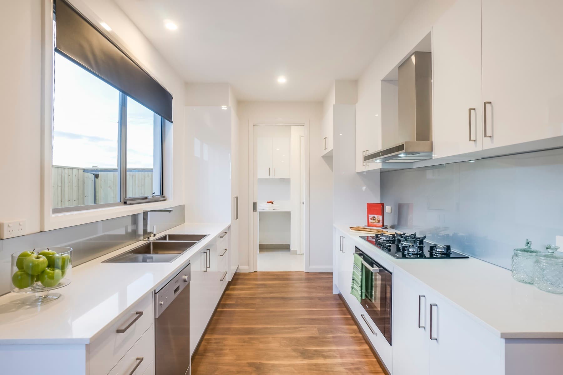 The white galley kitchen