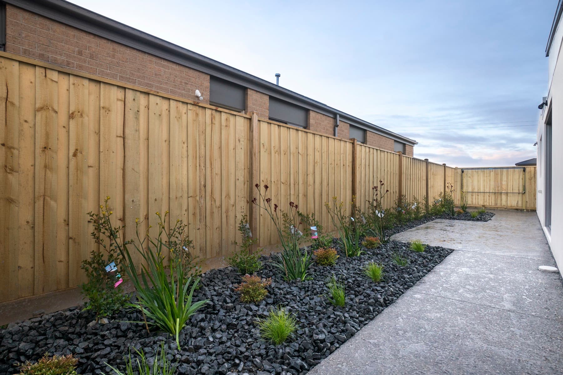 The landscaped side garden along the timber fence