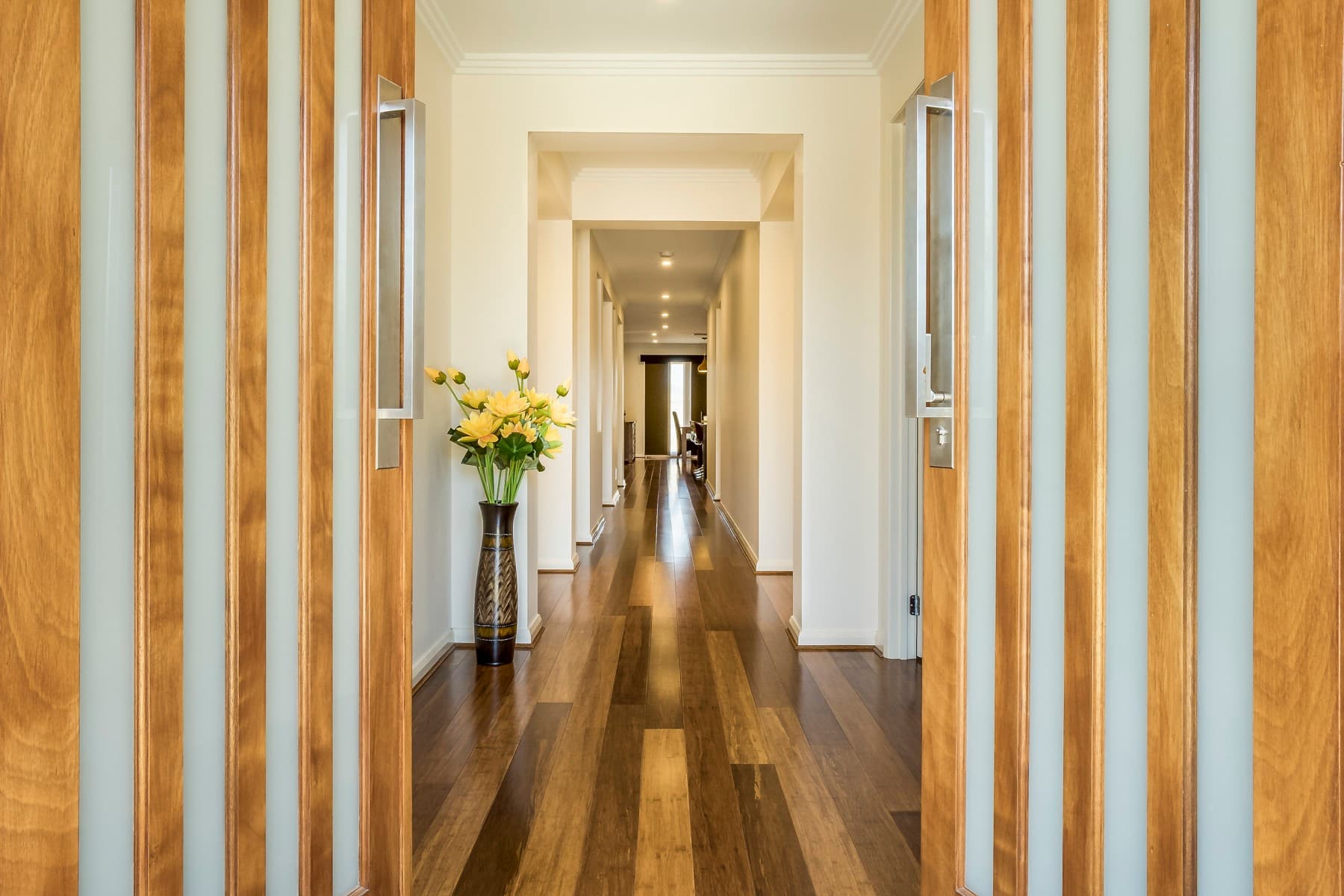 Timber battens lining the entry hall
