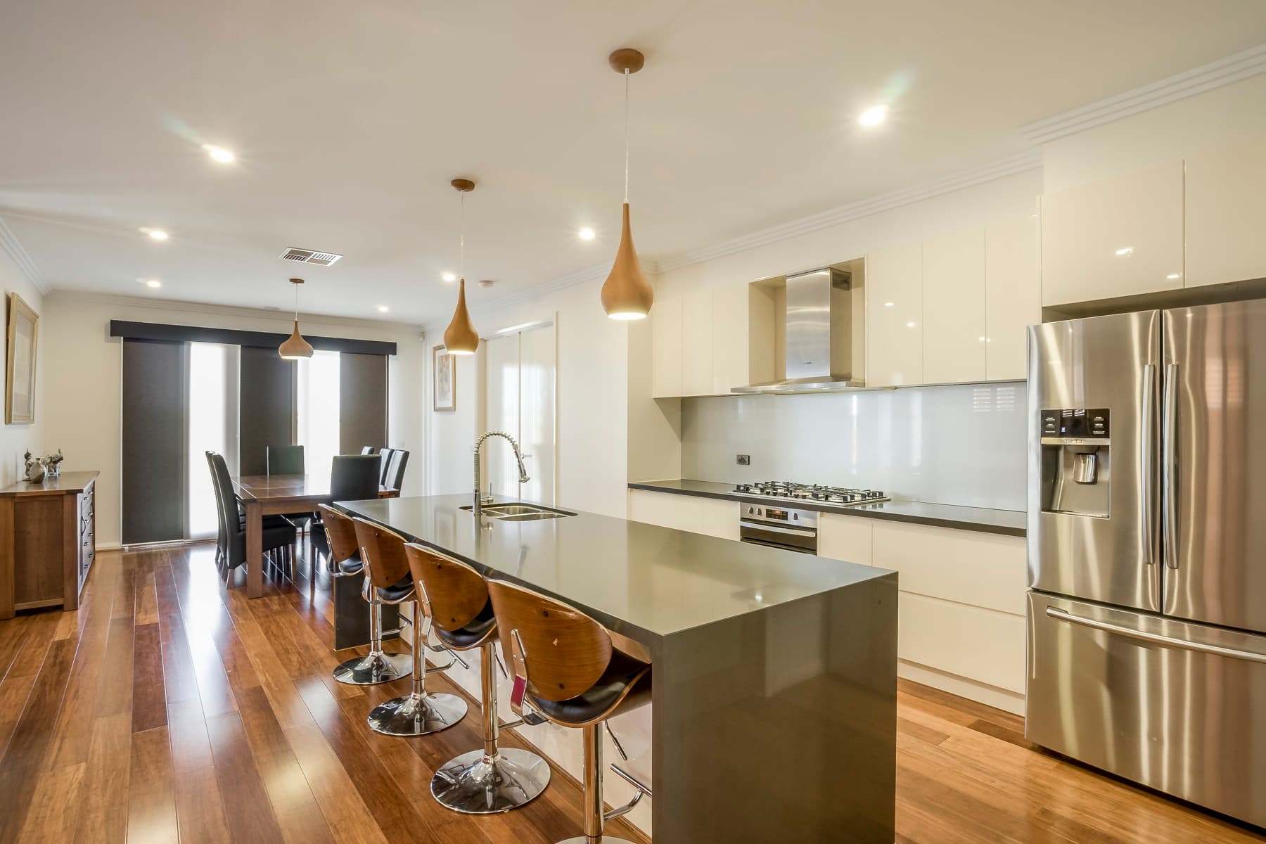 The kitchen and dining space in one frame